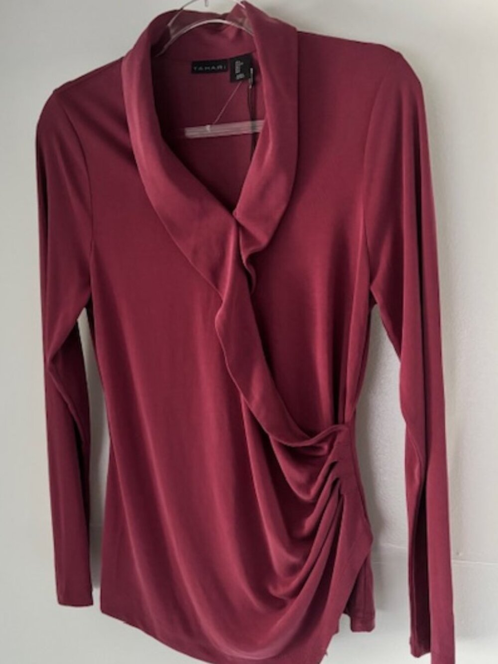 Tahari NWT Womens L Berry Rose Draped Cowl Neck Side Ruched Blouse Long Sleeve - Picture 2 of 6